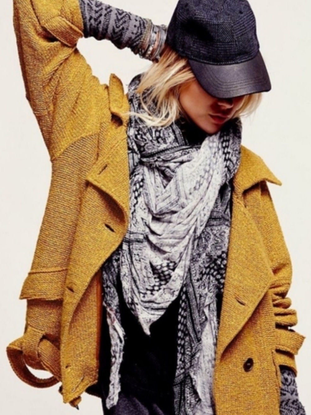 Free People Mustard Textured Wool-Blend Peacoat